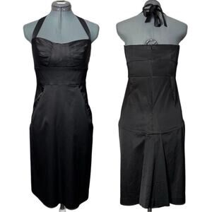Donna Ricco Dress Women's Size 6 Black Halter Cocktail Satin Sheath Pleated Mini